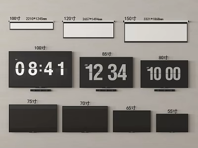 Flat Screen TVs With Various Sizes And Digital Time Display Features 3d model