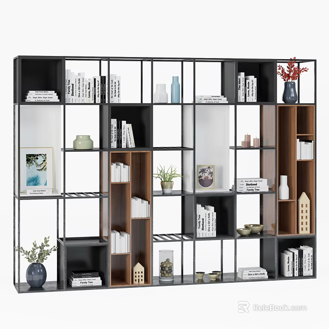 Modern Open Multilayer Bookcase with Books Vases Decorative Plants and Frames 3d model