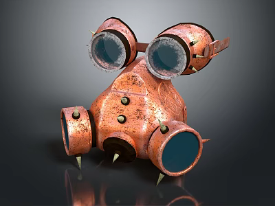 Rusty Copper Goggle Shaped Object Featuring Large Circular Lenses Spikes And Components 3d model