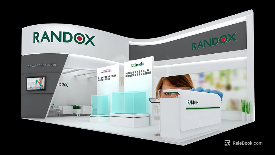 Randox Exhibition Booth With Modern Design White And Blue Reception Desk Display Area 3d model 