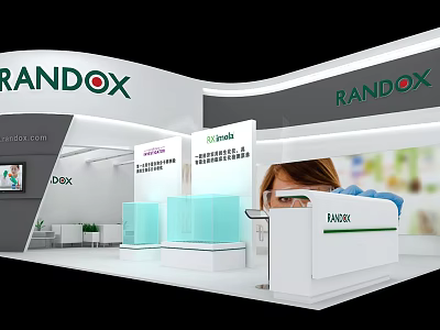 Randox Exhibition Booth With Modern Design White And Blue Reception Desk Display Area 3d model