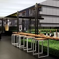 Residential Landscape Design With Green Lawn Flowering Trees And White Garden Furniture