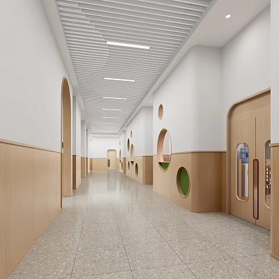 Modern Elevator Corridor Interior Design With Wooden Walls Round Windows Elevator Doors And Ceiling Lights 3d model