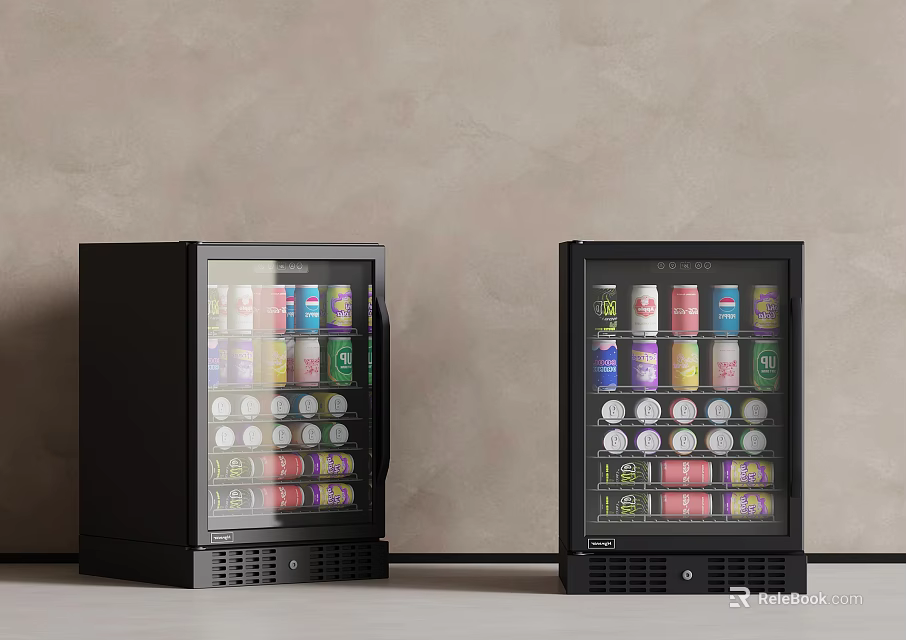 Two Black Glass Door Beverage Refrigerators With Colorful Canned Drinks In Modern Home 3d model 