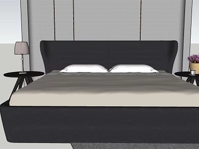 Modern Double Bed Bedroom With Black Headboard Nightstands Table Lamp And Purple Flowers 3d model