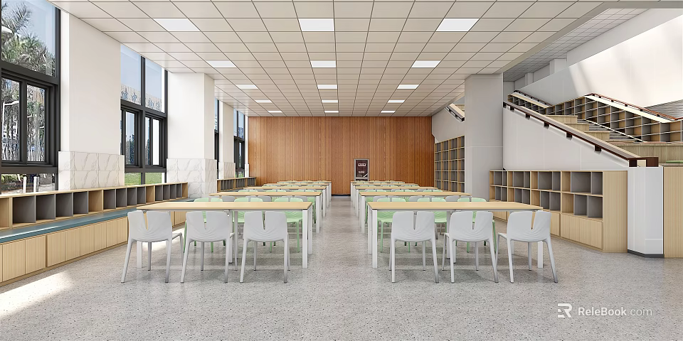 Book Art Reading Room Interior With Wooden Walls Bookshelves Tables And Bright Lighting 3d model 