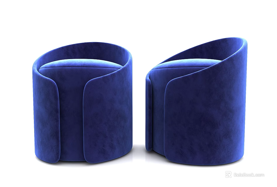 Two Modern Blue Velvet Sofa Stools With Curved Arms And Comfortable Design 3d model 