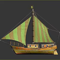 Orange Hull Sailing Boat With Green Yellow Striped Sails And Yellow Mast Flag