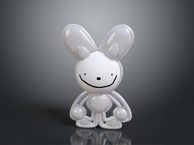 White Cartoon Rabbit Figure With Large Ears Smiling Face And Glossy Surface On Black Background 3d model