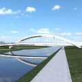 Modern Arch Bridge Over Water With Green Grass And Walkway Design