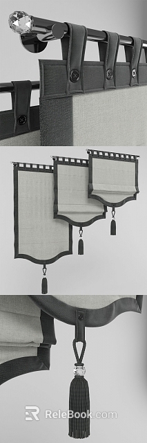 Elegant Roman Blinds With Linen Fabric Black Trim Crystal Pendant And Tassel Details 3d model 