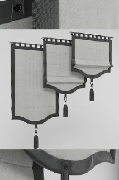 Elegant Roman Blinds With Linen Fabric Black Trim Crystal Pendant And Tassel Details 3d model