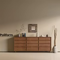 Stylish Brown Console Cabinet with Drawers Vase Plant and Picture Frame Decor