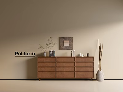 Stylish Brown Console Cabinet with Drawers Vase Plant and Picture Frame Decor 3d model