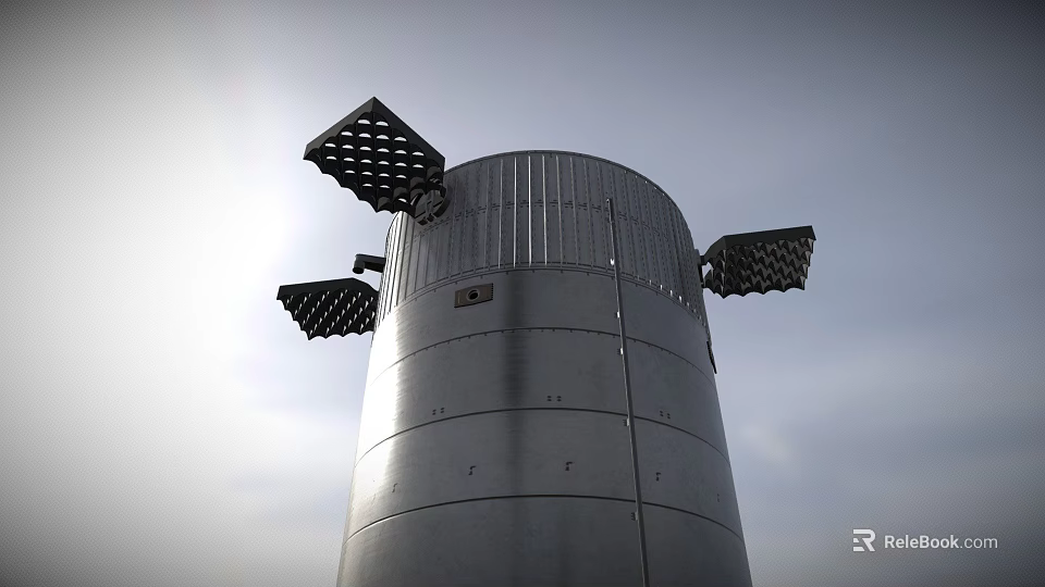 Industrial Metal Cylindrical Tower With Square Top Components Against Gray Sky 3d model