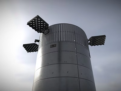 Industrial Metal Cylindrical Tower With Square Top Components Against Gray Sky 3d model
