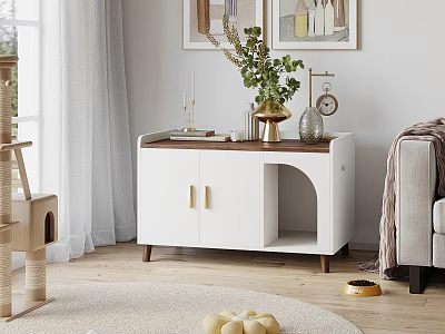 Modern Interior With White Cabinet Gold Handles Cat Tree Decorative Plants And Golden Bowl 3d model