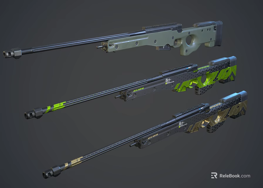 Three Detailed 3D Rendered Modern Sniper Rifles With Different Colors And Camouflage Patterns 3d model 
