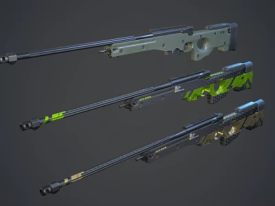 Three Detailed 3D Rendered Modern Sniper Rifles With Different Colors And Camouflage Patterns 3d model