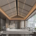 Modern Chinese Leisure Area Interior Design with Wooden Ceiling Large Windows and Comfortable Seating