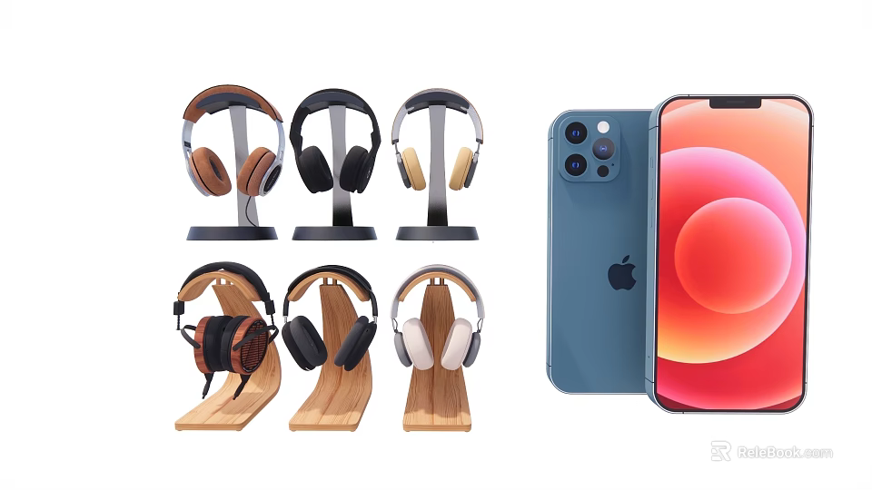 Computer Accessories Featuring Multiple Headphones on Wooden Metal Stands and Smartphones 3d model 