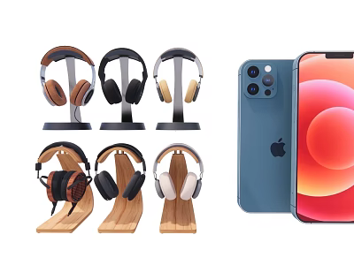 Computer Accessories Featuring Multiple Headphones on Wooden Metal Stands and Smartphones 3d model