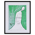 Abstract Painting in Black Frame Green Background White Human Figure Black Lines Small Object