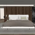 Double Bed with Gray Beige Bedding Wooden Wall Bedside Table Lamp and Snow View