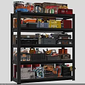 Multi Tier Storage Shelf Organized With Toolboxes Bins And Cans In Workshop 3d model