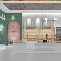 Time Light Milk Tea Shop Interior With Marble Counter Display Case And Clock Lighting 3d model
