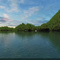 Scenic Garden Landscape on Island with Lush Green Trees and Blue Water Featuring White Yacht