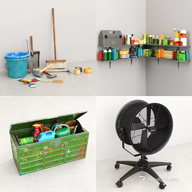 Essential Hardware Tools Including Hammer Brush Shovel In Organized Workshop Storage 3d model 