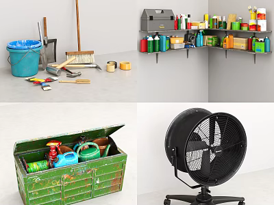 Essential Hardware Tools Including Hammer Brush Shovel In Organized Workshop Storage 3d model