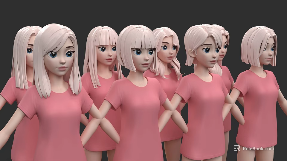Women Standing In A Row Wearing Pink Dresses With Light Colored Hair 3d model 