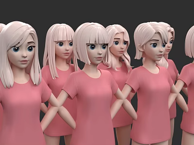 Women Standing In A Row Wearing Pink Dresses With Light Colored Hair 3d model