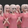 Women Standing In A Row Wearing Pink Dresses With Light Colored Hair