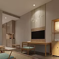 Elegant Modern Hotel Room Interior With Comfortable Bed Decorative Painting And Wooden Furniture