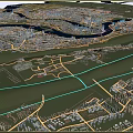 Aerial View of Urban Architecture Complex Along River With Green Spaces And City Roads