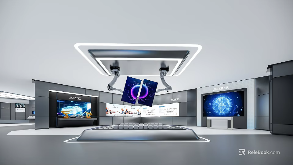 Modern Tech Exhibition Hall With Robotic Arms Display Screens And Control Console 3d model