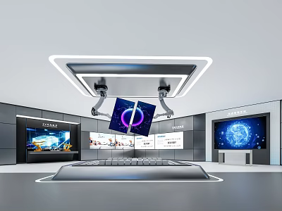 Modern Tech Exhibition Hall With Robotic Arms Display Screens And Control Console 3d model