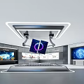 Modern Tech Exhibition Hall With Robotic Arms Display Screens And Control Console 3d model