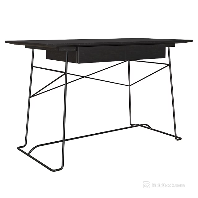 Black Wooden Top Desk With Two Drawers And Metal Frame Legs 3d model 
