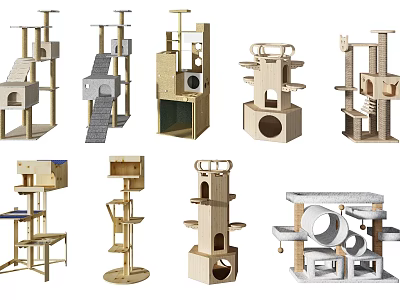 Various Wooden Cat Trees With Multi Level Platforms And Scratching Posts For Pets 3d model