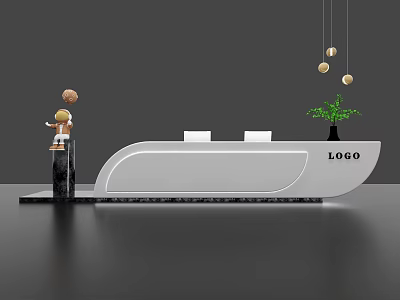 Modern Front Desk Reception Area With Logo Display Hanging Lights And Decorative Plant 3d model