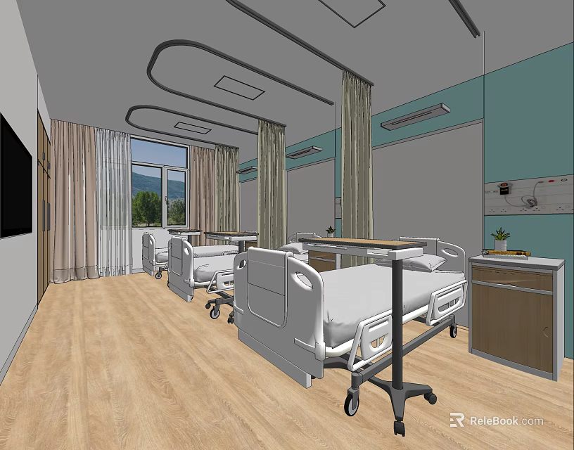 Modern Hospital Ward Interior With White Beds Wooden Flooring And Blue Walls 3d model 