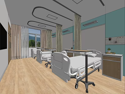 Modern Hospital Ward Interior With White Beds Wooden Flooring And Blue Walls 3d model