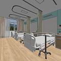 Modern Hospital Ward Interior With White Beds Wooden Flooring And Blue Walls