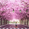 Road Facilities Featuring Pink Cherry Blossom Trees Traffic Lights Zebra Crossing And Cyclist