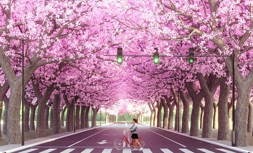 Municipal road under the flowering tree of modern road 3d model