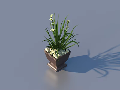 Potted Bonsai Plant in Brown Square Pot with Base Long Green Leaves Small White Flowers 3d model